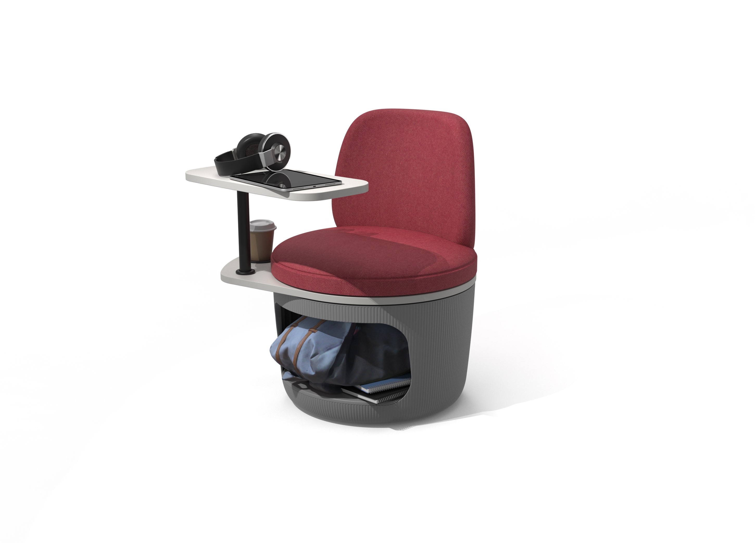 Res Lowback Chair with school bag in storage compartment, coffee cup in the cupholder, and electronics on tablet. 
